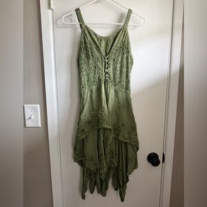 Lapogee Asymmetrical Olive Green Embroidered Corset Tie Sundress, Ren Fair 90s